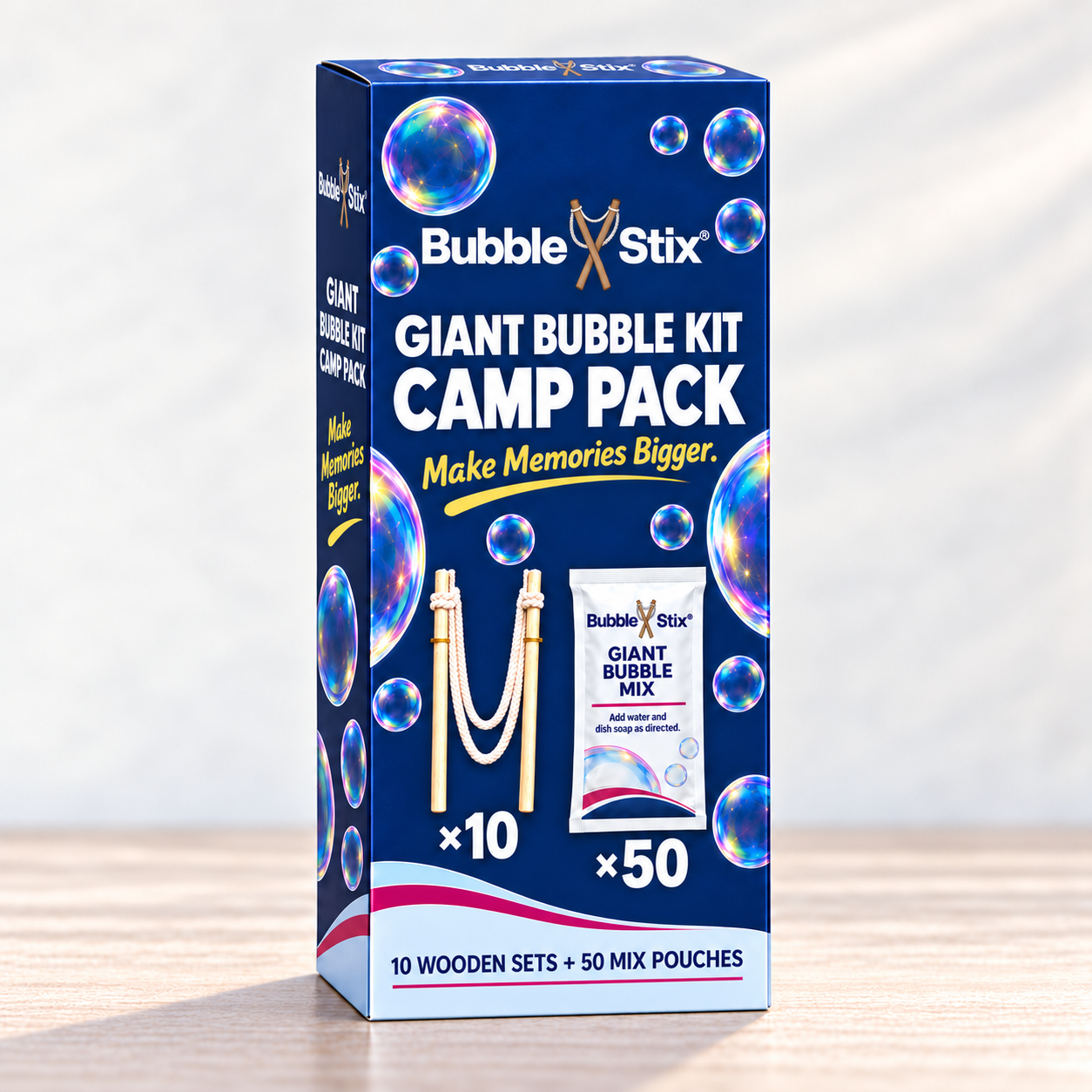 Camp Pack BubbleStix branded packaging and included equipment