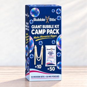 BubbleStix Camp Pack box labeled with ten complete wand sets and fifty mix pouches