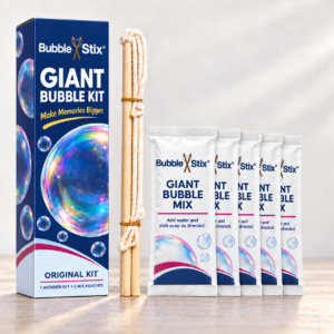 BubbleStix Giant Bubble Kit box, one wooden wand set, and five Giant Bubble Mix pouches