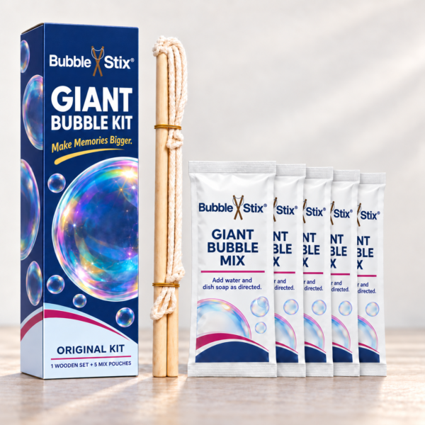 BubbleStix Giant Bubble Kit box, one wooden wand set, and five Giant Bubble Mix pouches